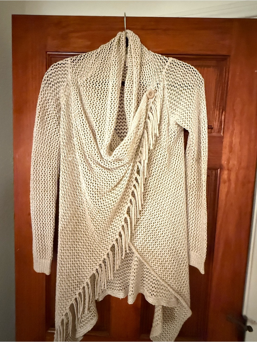 lovestitch Cream Open-Front Knit Shawl Cardigan with Fringe